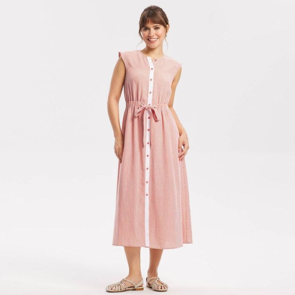 Women's Button-Front Midi A-Line Dress - Universal Thread Red Striped M
